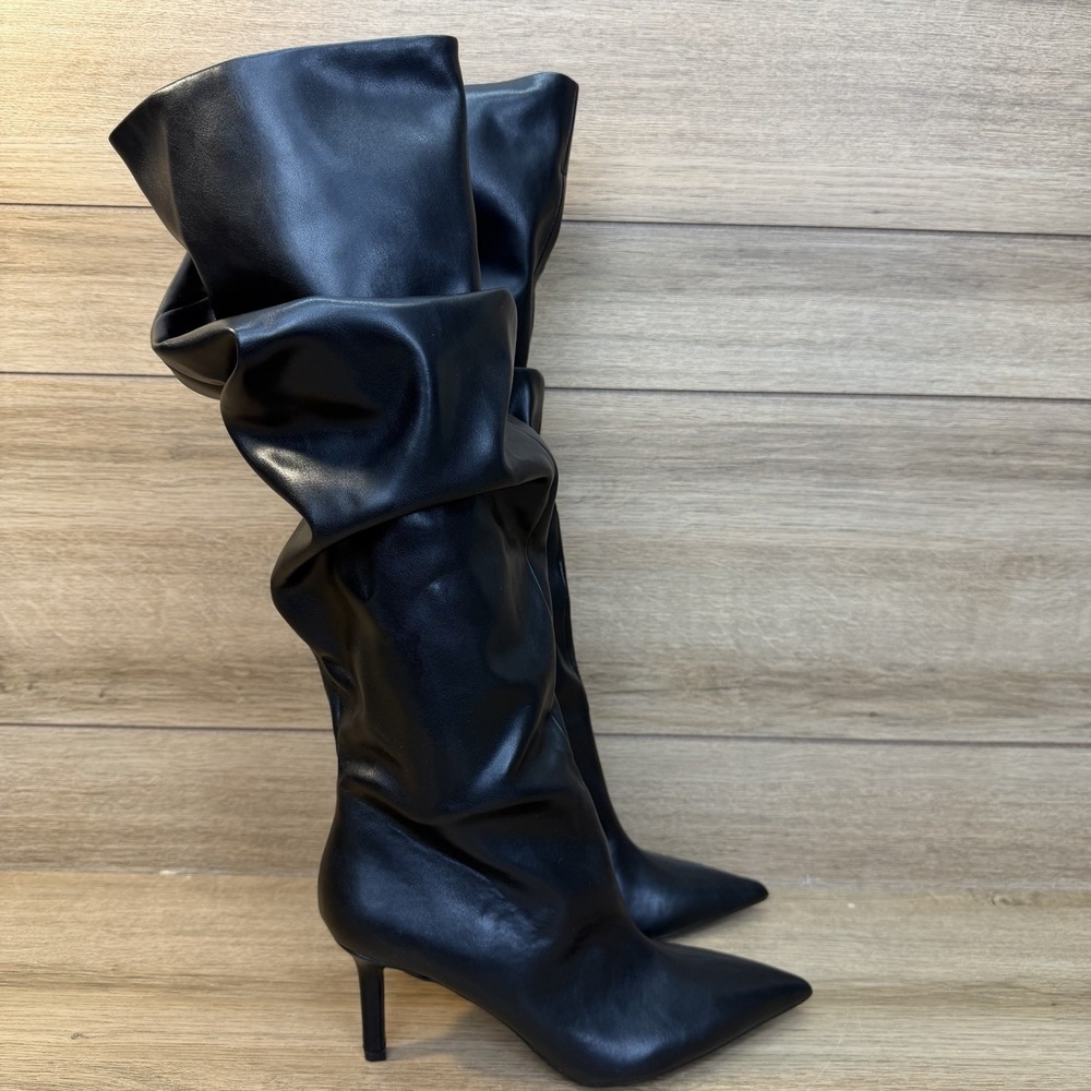 Zara Black Gathered Leather Slouchy Knee High Heel Stiletto Boots Sz EU 37